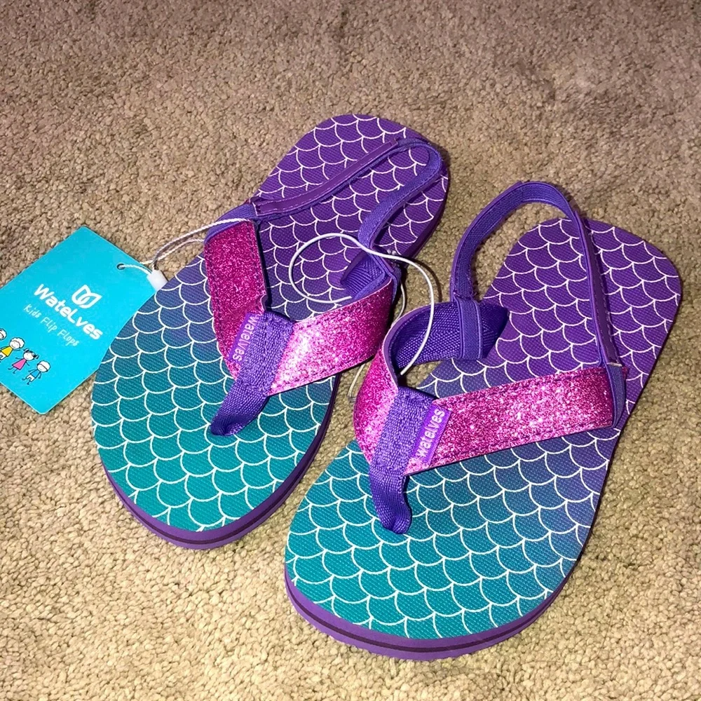 Warelves Flip Flops 32/33 little kids size 13‎ 14 Fish Scale Mermaid Purple NWT